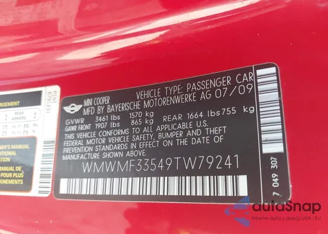 2009 Mini Cooper z USA, uszkodzony, nr VIN WMWMF33549TW79241